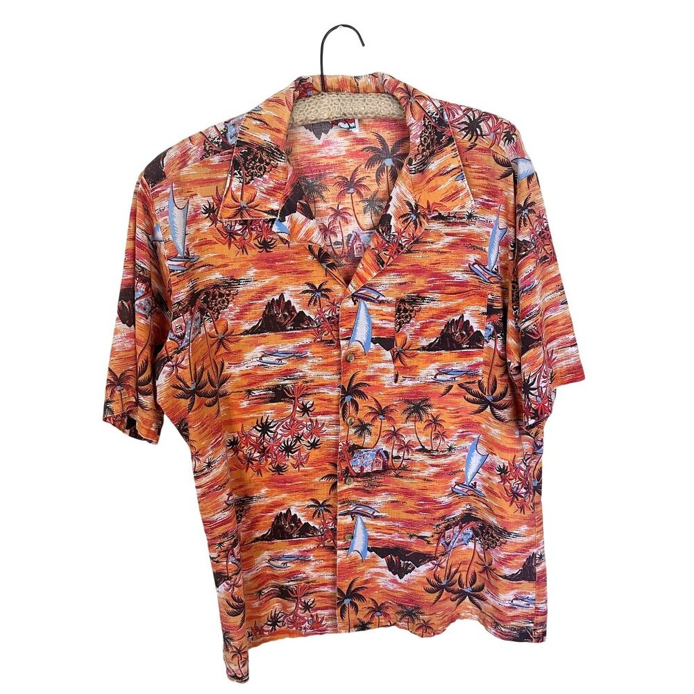 Vtg Mens Hawaiian Button Up Shirt Large Cotton Tropical Orange 80s Lightweight